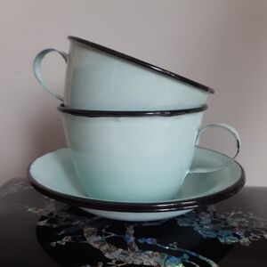 Set of Two Light Blue / Mint Green Metal Cups with Saucers